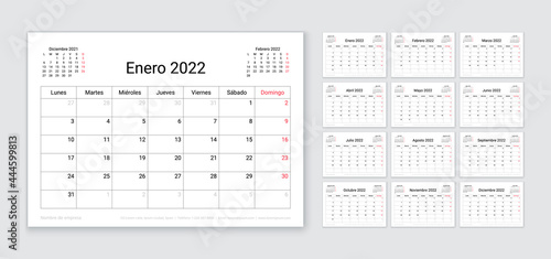 Spanish 2022 calendar. Planner template. Table calender layout with 12 month. Vector. Week starts Monday. Schedule grid. Yearly stationery organizer. Horizontal monthly diary. Simple illustration.