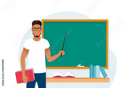 A young black teacher man on the background of a blackboard with a pointer. A male with a book in class. Vector illustration in flat style
