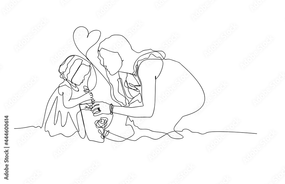 Mom with baby. Hand draw single line art. Sketch for Icon, logo, sign, posters . Isolated vector illustration. Card for mothers day.