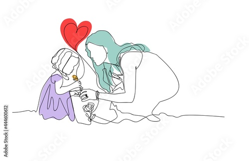 Mom with baby. Hand draw single line art. Sketch for Icon, logo, sign, posters . Isolated vector illustration. Card for mothers day. Colors in art red, blue, lilac
