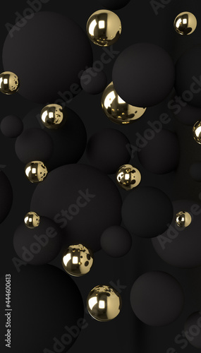 black and gold balls on black background. Abstract 3d background. 3D rendering. Jewelry decoration. Luxury ornament