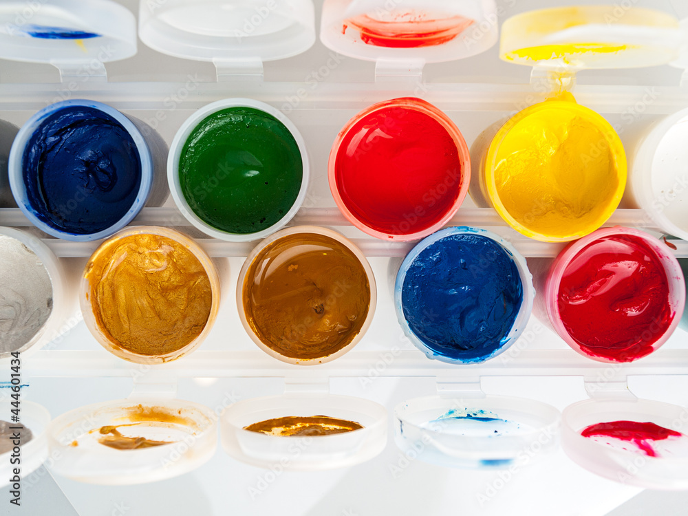 Cans of paint, top view, water-soluble gouache, acrylic paints, watercolor, drawing and painting Cans of paint, top view, water-soluble gouache, acrylic paints, watercolor, drawing and painting