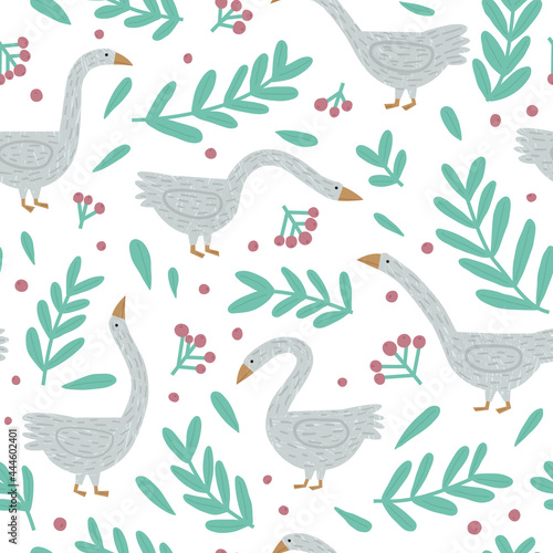 Cute cartoon geese vector seamless pattern. Hand drawn goose characters  leaves and berries isolated on white background. Modern childish farm bird illustration. Trendy textile  fabric print design