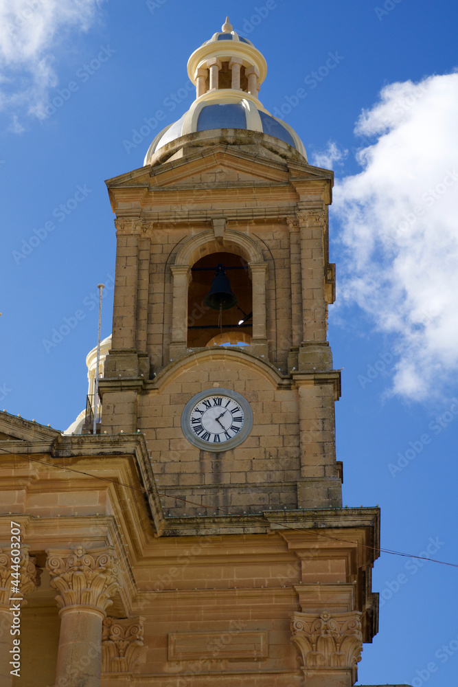 DINGLI, MALTA - 02 JAN, 2020: Detail of old, historic and authentic Christian chapel St. Mary's Parish Church in Dingli with blue sky in the background on a sunny winter day