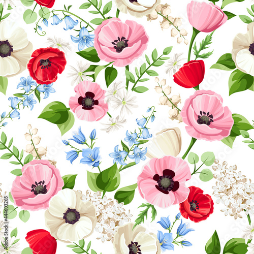 Vector seamless floral pattern with red, pink, blue and white poppy, bluebell, lilac and lily-of-the-valley flowers on a white background.
