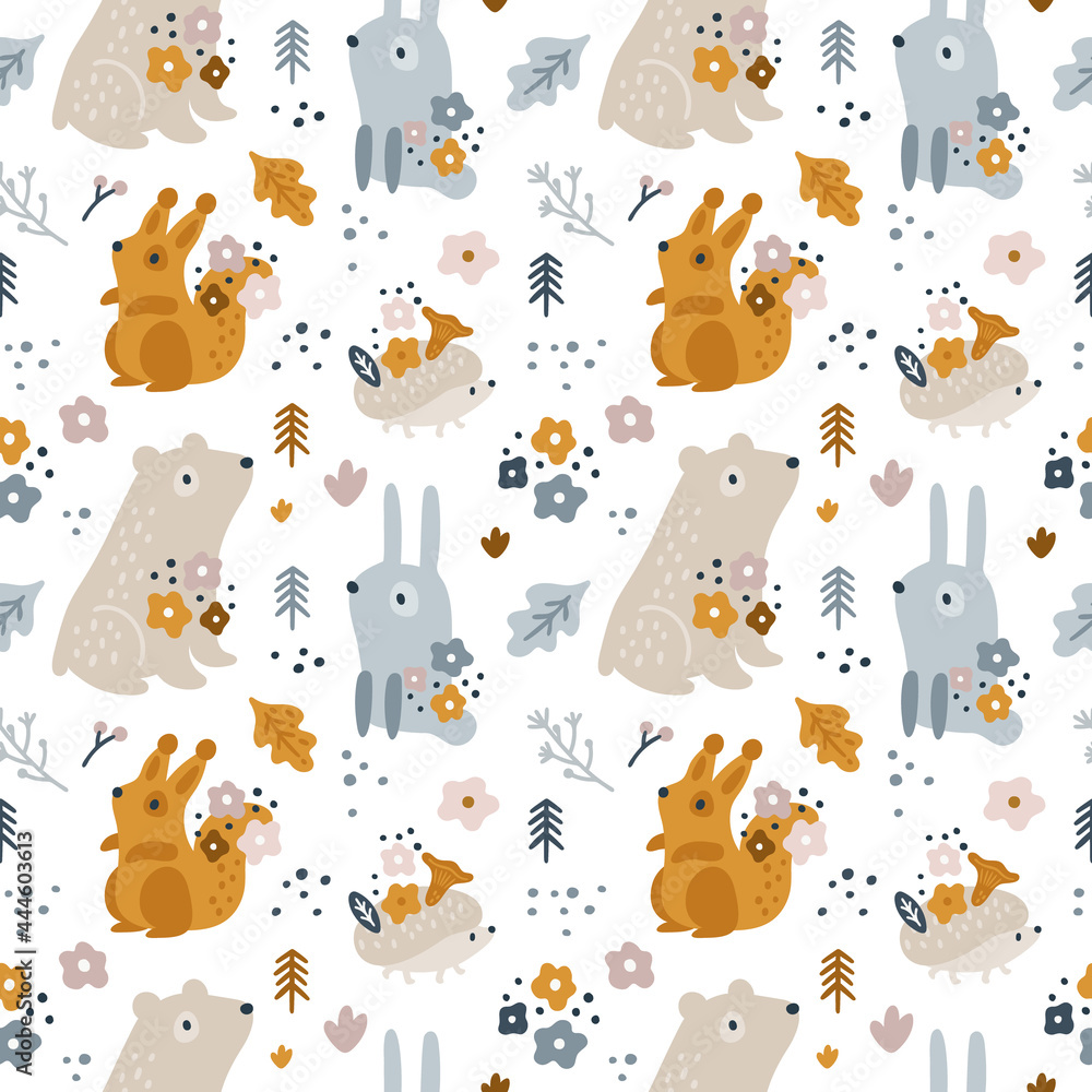 Seamless childish pattern with cute forest animals and flowers. Creative boho print with nature elements for kids. Print for newborn baby. Nursery pattern for textile, apparel, wrapping paper, fabric