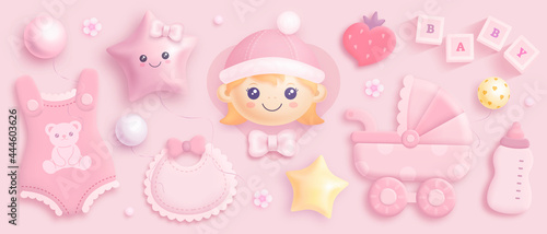 Hand drawn baby girl shower set. Realistic vector illustration of cartoon baby girl, helium balloons, baby carriage, clothes, toys and flowers isolated on pink background 