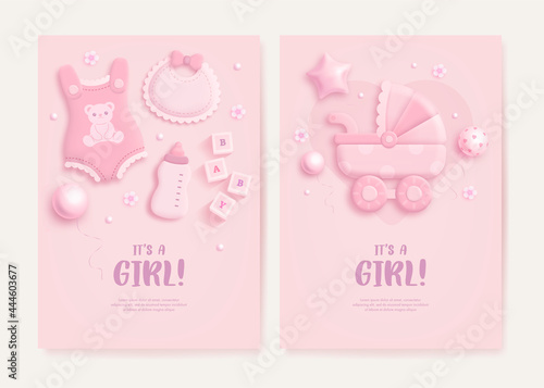 Set of baby shower invitation with cartoon baby carriage, bib, bottle, clothes, helium balloons and flowers on pink background. It's a girl. Vector illustration