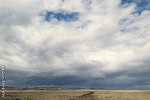 Summer cloudy rural landscape.Ominous clouds in overcast sky over the ripe wheat agricultural field.Heavy rain coming.