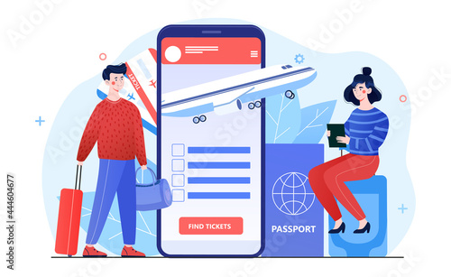 Young male and female characters are buying travelling tickets online in smartphone application. Concept of online airline application for travellers. Flat cartoon vector illustration