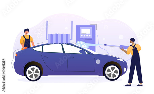 Two young male characters are washing exterior of the vehicle with special equipment. Concept of car wash service, automatic carwash, self-service car wash. Flat cartoon vector illustration