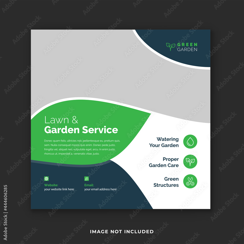 Lawn care Instagram post template. Clean & green gardening service social media post design.  