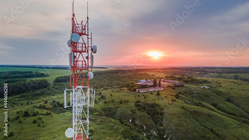 Telecommunication antenna cell tower of 4G and 5G. Base Transceiver Station telecom, Wireless Communication Antenna Transmitter.