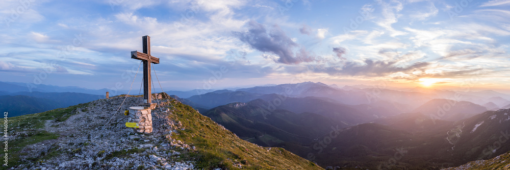 Panorama mountain summit view during sunset