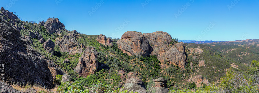 Stunning panoramic view of the landscape of Pinnacles National Park in California