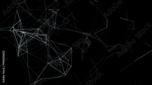 Network plexus connection structure. Abstract black background with moving dots and lines. Digital technology design. 3d rendering