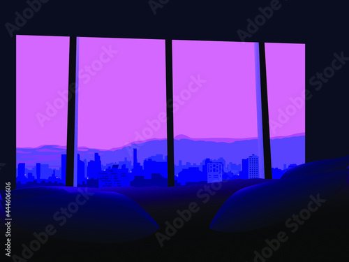 view from the bedroom window on the evening city, vector illustration in evening colors for decorating the interiors of bedrooms and hotel rooms