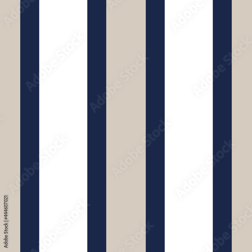 Bold coastal stripe seamless vector pattern. Hamptons style, nautical inspired design with thick vertical lines in navy blue, white and natural beige colours. Minimal repeat wallpaper texture art.  