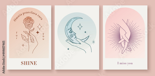 A set of templates for logos, abstract symbols, emblems. Vector logo design templates with various hand gestures. Postcards, banners or posters. Linear compositions. Vector illustration