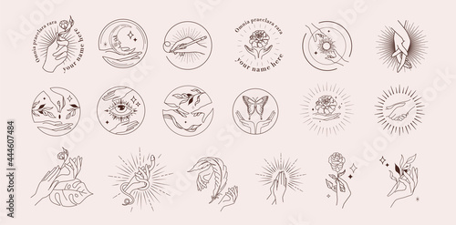 A set of templates for logos, abstract symbols, emblems. Vector logo design templates with various hand gestures. Linear compositions. Vector illustration