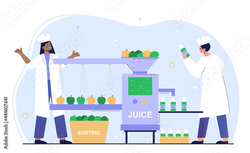 Male and female characters are working on juice production factory. Man and woman sorting, washing fruits with water on conveyor belt to produce fruit juice. Flat cartoon vector illustration