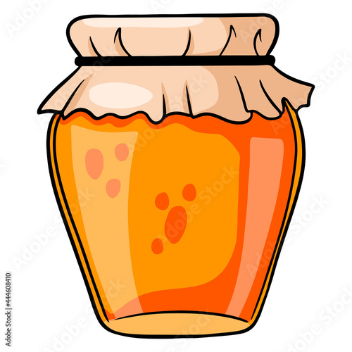 Apricot or sea buckthorn jam in a glass jar with a decorated lid.