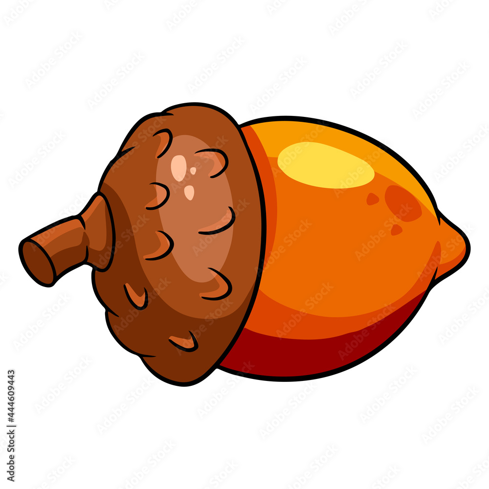 Oak fruit. A bright acorn with a hat and a twig. Cartoon style. Oak fruit. A bright acorn with a hat and a twig. Cartoon style.