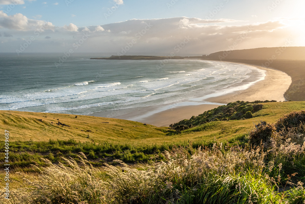 Scenic sunset over Tautuku bay from Florence hill lookout, New Zealand Scenic sunset over Tautuku bay from Florence hill lookout, New Zealand