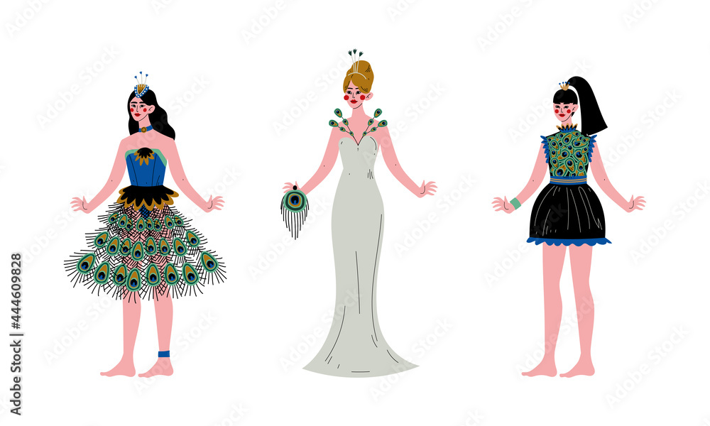 Beautiful Young Woman Wearing Peacock Feather Dress Vector Set