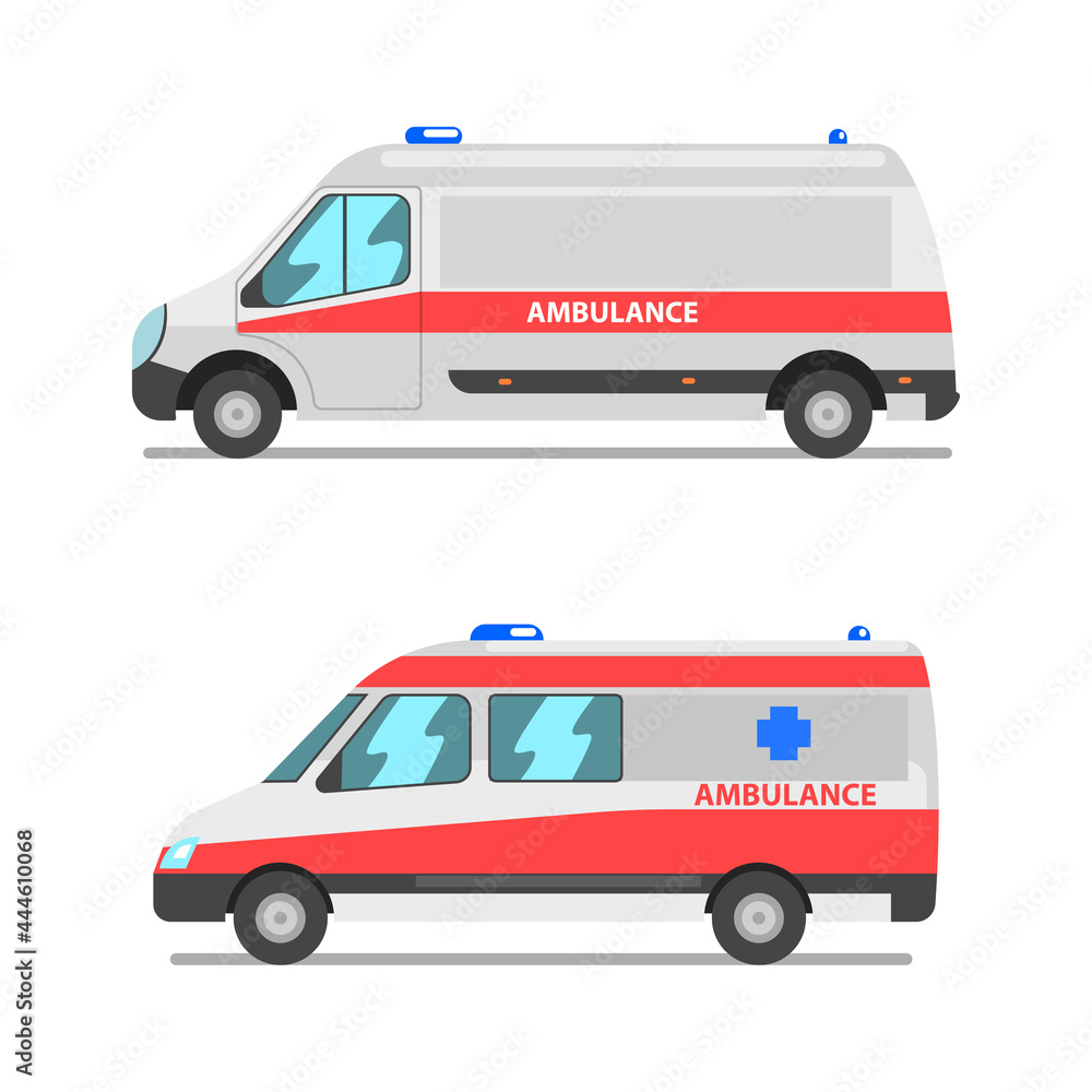 Ambulance as Medically Equipped Vehicle for Transporting Patient to Hospital Vector Set Ambulance as Medically Equipped Vehicle for Transporting Patient to Hospital Vector Set