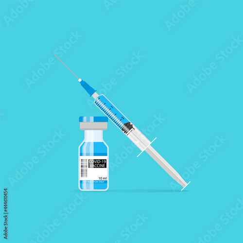 Covid-19 coronavirus vaccine. Syringe and vaccine vial. Treatment for coronavirus covid-19. Vector