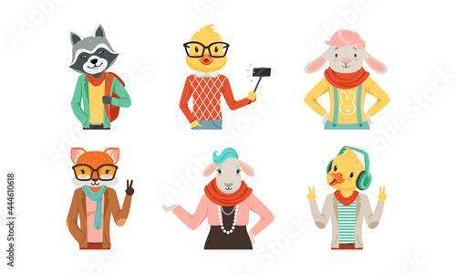 Hipster Animal with Body Dressed in Human Clothing and Garment Vector Set