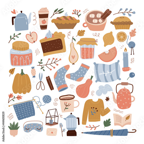 Cozy large autumn set. Cute fall begerage, leaves, food, interior decor in trendy pastel color palette in scandinavian style. Modern flat vector illustration.