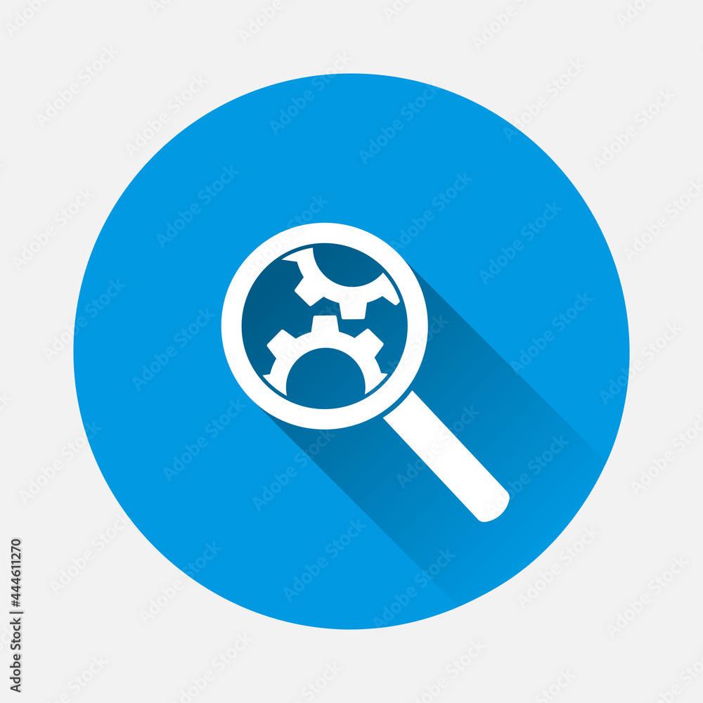Vector gear tool search magnifier icon on blue background. Flat image with long shadow. Vector gear tool search magnifier icon on blue background. Flat image with long shadow.