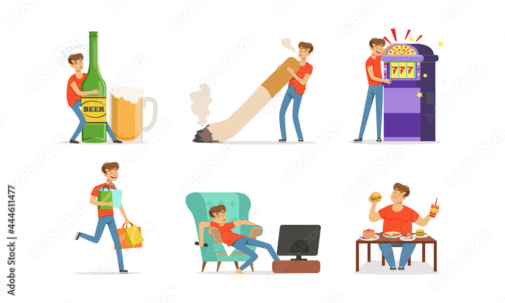 Bad Habit with Man Addicted to Alcohol, Smoking and Gambling Vector Set Bad Habit with Man Addicted to Alcohol, Smoking and Gambling Vector Set