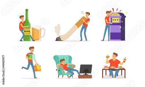 Bad Habit with Man Addicted to Alcohol, Smoking and Gambling Vector Set