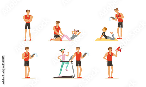 Personal Gym Coach or Instructor Training People Characters Vector Set