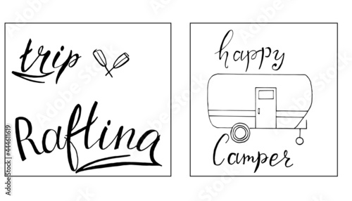 set of hand drawn cards trip rafting and happy camper