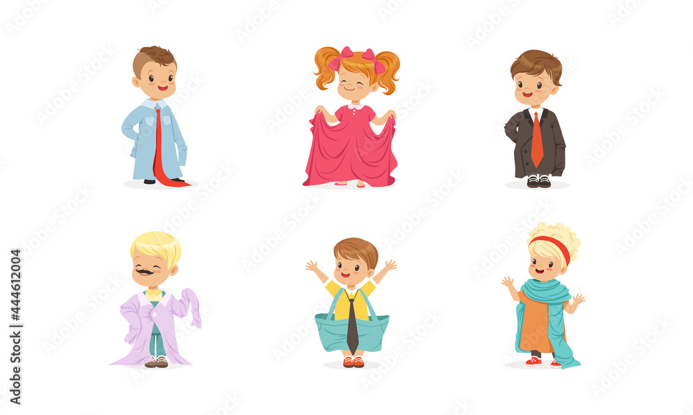 Cute Little Kids Wearing Elegant Adult Oversized Clothing Vector Set