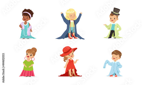 Cute Little Kids Wearing Elegant Adult Oversized Clothing Vector Set