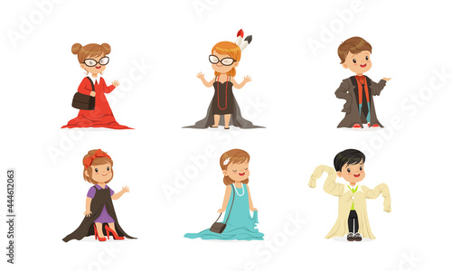 Cute Little Kids Wearing Elegant Adult Oversized Clothing Vector Set