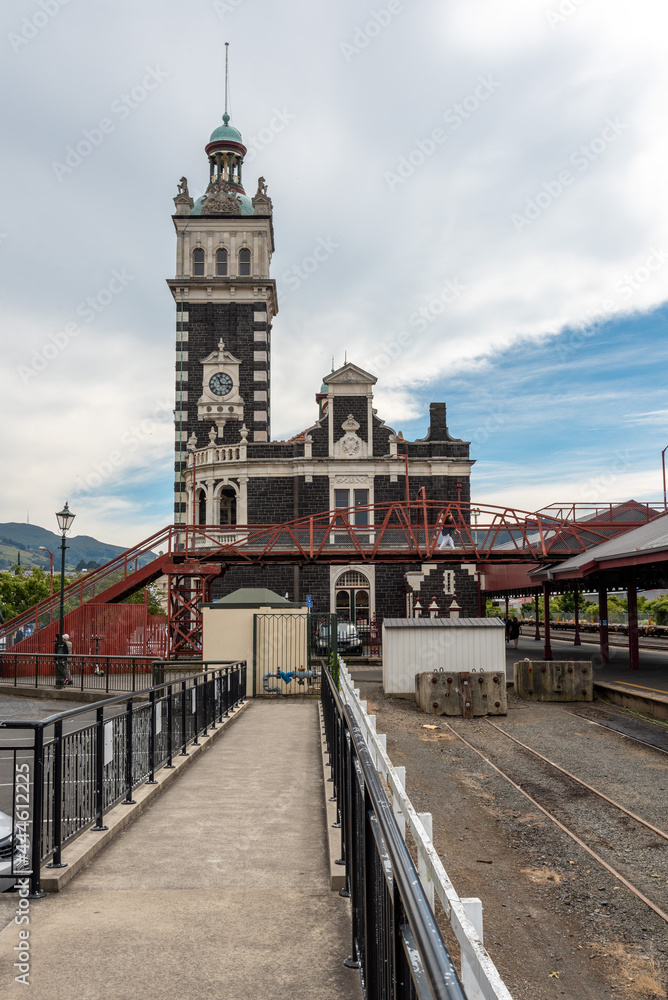 Details of beautiful historic train station in Dunedin, New Zealand