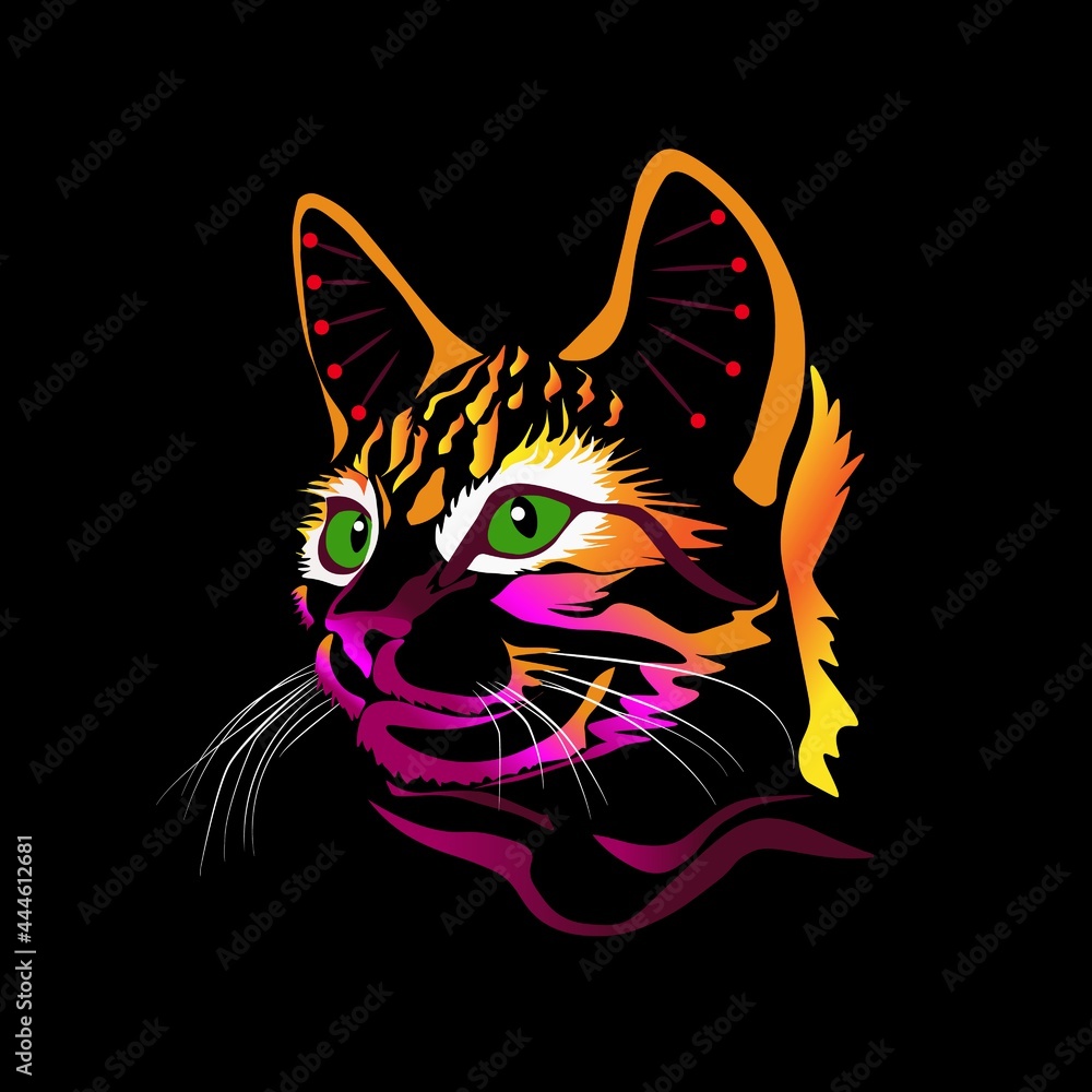 Colorful bright cat on a black background. Abstract creative vector illustration.