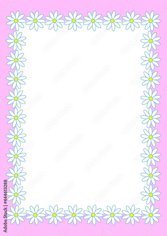 pink frame with flowers, vector rectangular frame pink with white flowers chamomile, simple background, wallpaper, template with copy space 