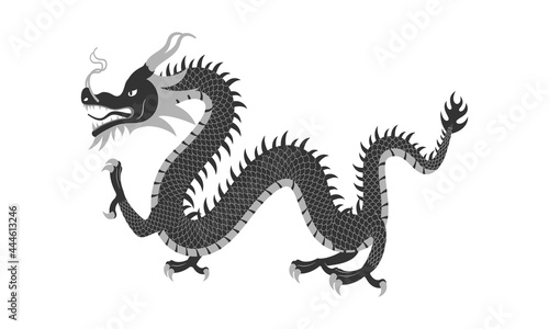 Chinese traditional dragon. Black and white vector illustration. White isolated background.
