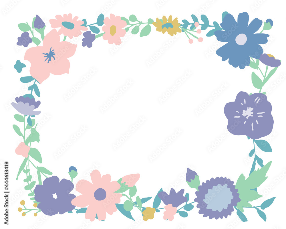 手書きの草木と花。夏カラーの花フレーム。ベクターイラスト　　Handwritten vegetation and flowers. Summer color flower frame. Vector illustration