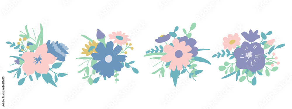 手書きの草木と花。夏カラーの花束。ベクターイラスト　Handwritten vegetation and flowers. A bouquet of summer colors. Vector illustration