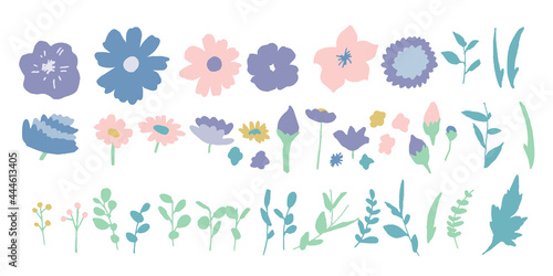 手書きの草木と花。夏カラーの花セット。ベクターイラスト　Handwritten vegetation and flowers. Summer color flower set. Vector illustration