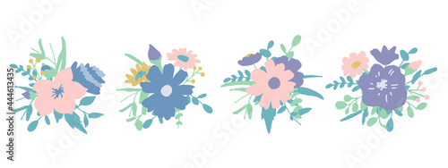 手書きの草木と花。夏カラーの花束。ベクターイラスト Handwritten vegetation and flowers. A bouquet of summer colors. Vector illustration