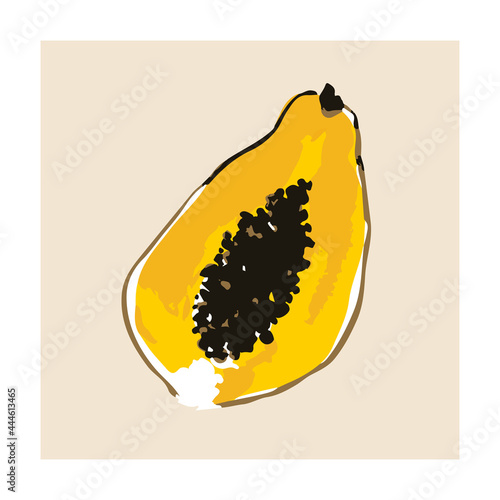 Vector hand draw colored papaya illustration. Orange, yellow papaya with pulp and fruit bones. Fresh tropical fruits illustration with papaya on beige background,Summer fruits for healthy lifestyle.